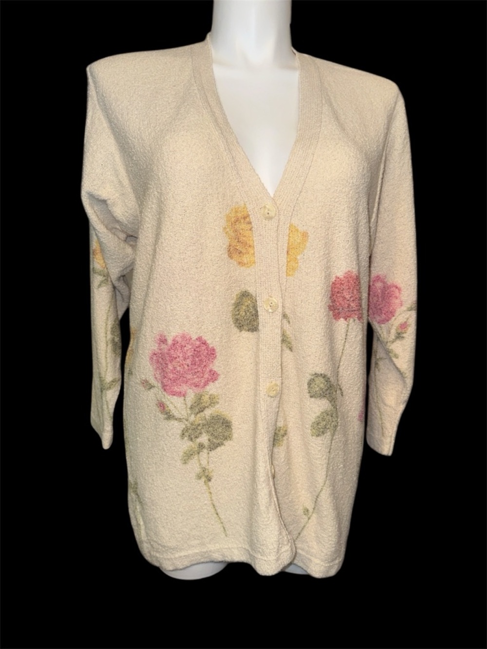 Gabriella T Cream Floral Button-Front Women's Sweater Cardigan
